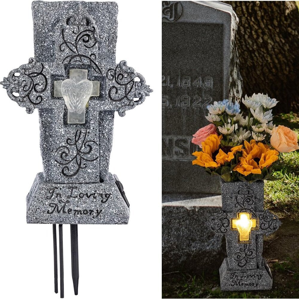 Solar Cemetery Vase with LED for Fresh/Artificial Flowers Grave Flower Cross Vas